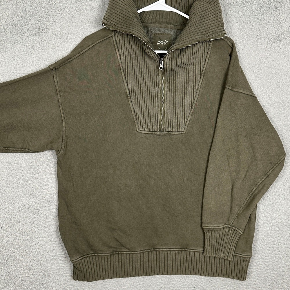 Aerie Sweatshirt Womens Medium Quarter Zip Olive Green Ribbed Oversized Pullover
